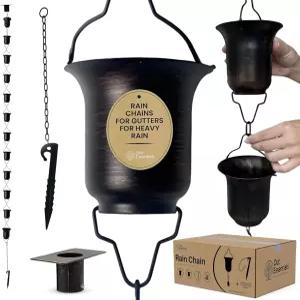 아웃 에센셜 앵커 스테이크 및 거터 어댑터가 장착된 구리 레인 체인 11피트 폭우 시 배수구용 블랙 파우더
