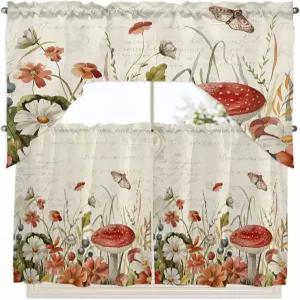 발란스 소박한 버섯 스웨그 주방 커튼 세트 침실 욕실 카페 창문용 막대 포켓 드레이프 3피스 나비잠자리