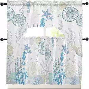 블루 코스트 스웨그 주방 커튼 밸런스 및 티어 세트 24인치 길이 거실 침실 욕실 창문용 막대 포켓 3피스