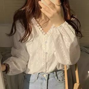 신상 여성 펀칭 레이스 브이넥 긴팔 블라우스데일리 여자 캐주얼 여름 하객룩