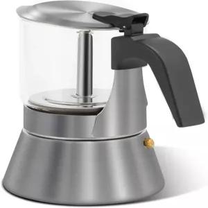 그라시드 크리스탈 유리탑 모카 포트 이탈리아 커피용 브러시드 스테인리스 스틸 스토브탑 에스프레소