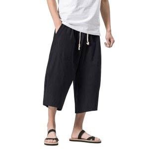 매그니빗 남성 린넨 코튼 카프리 바지 루즈핏 엘라스틱 허리 와이드 레그 배기 하렘 팬츠