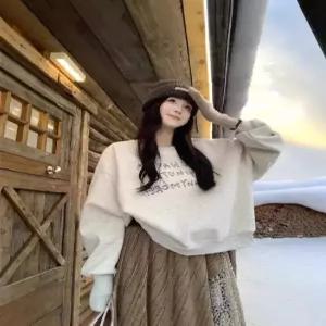 여자스커트 플리츠 기모 맨투맨 추동 라운드 상의+레이스 언밸런스 체크 스커트 세트 원템4