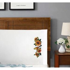 화이트 필로우 케이스 2종 세트 태양 꽃 도장 디자인 | 홈 데코용 장식용 표준 사이즈 부드러운 면 원단 - 침실에 적합 청소하기 쉽고 20x30