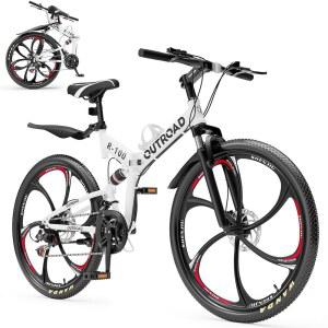 Max4out 26인치 접이식 산악 자전거, 고탄소 강철이 장착된 21단 풀 서스펜션 듀얼 디스크 브레이크 미끄럼 방지 퀵 릴리스 타이어 /남성용/여성용 자전거