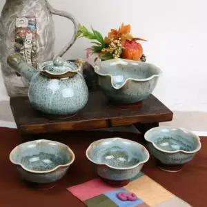 천목 이중시유 청연잎 3인다기세트 다기세트 여행다기 예쁜잔 백자다기 찻잔 도자기찻잔 다기 3인다기