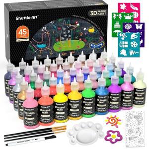 셔틀 아트 패브릭 페인트 세트, 브러시 팔레트 펜 시트 스텐실이 포함된 45가지 색상의 3D 영구 페인트, 어둠 속의 글로우, 글리터, 섬유 티셔츠용 메탈릭 색상 청바지 유리