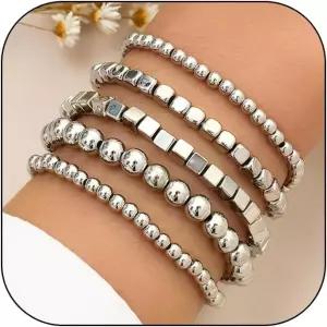 CSIYANJRY99 여성용 실버 비즈 팔찌 골드 스택 가능 스트레치 세트 팩 핸드 주얼리