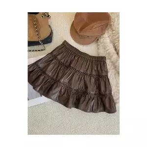 여성 치마 미니 하객 펀칭 PU가죽 스커트 추동 밴딩 하이웨스트 슬림핏 A라인 볼륨 케이크 가죽 MF4