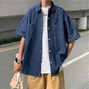 데님 오버핏 반팔 남성 캐주얼 청셔츠 남녀공용 여름 셔츠