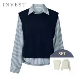 [인베스트] 줄무늬 카라 블라우스+니트 조끼 세트_IN6S1BL5051