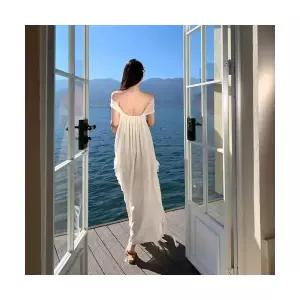 에네로 여성쉬폰원피스 바캉스룩 탑 스커트 일자 숄더 쉬폰 원피스 언밸런스 롱 UNO1