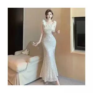 에네로 여성쉬폰원피스 프렌치 럭셔리 이브닝드레스 일자 어깨 트임 스팽글 원피스 UNO1