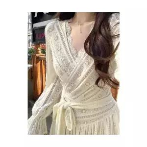 에네로 여성쉬폰원피스 원피스 긴팔 쉬폰 브이넥 프렌치 빈티지 슬림핏 롱스커트 UNO1