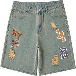 보드럼 남성 빈티지 그래픽 진 반바지 찢어진 배기 데님 포켓 포함