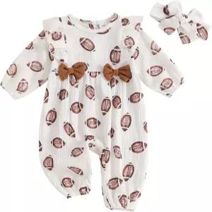 신생아 여자 축구복 럭비 프린트 러플 점프수트 퍼프 소매 린넨 롬퍼 머리띠 가을 옷 0-12M