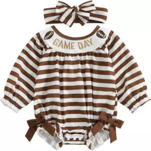 구치어 가을 신생아 여아 옷 경기 당일 축구 자수 스트라이프 긴팔 롬퍼 점프수트 의상