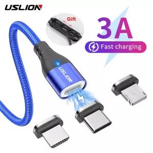 USLION 3 in 1 마그네틱 케이블(플러그 보관함 포함) 빠른 충전 USB 유형 C 와이어 자석 고속 케이블 Mciro