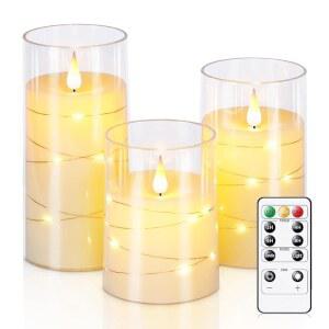 현등이 달린 홈모리 깜빡이는 불꽃 없는 양초, 배터리로 작동하는 내장된 현등 LED 리모컨이 있는 깨지지 않는 플렉시글라스 3개 세트, 아이보리 화이트