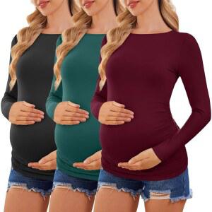에쿠아르 임산부복 가을/겨울 3팩 임산부용 튜닉 티 보트넥 티셔츠 블랙/딥 레드/레이크 그린