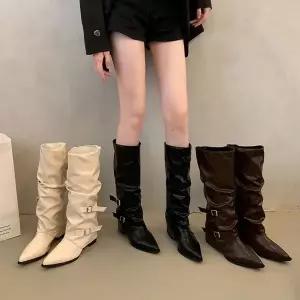 여성 투버클 뽀족코 롱부츠 프리미엄 낮은굽 삭스 (WFKBB2T)