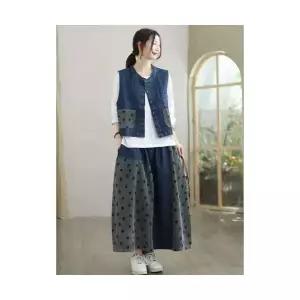 EAMT 여성 추동 빈티지 데님 도트 조끼 워싱 민소매 아우터 카디건 YJ4