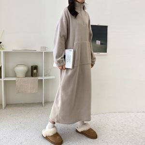 티탁 여성 빅사이즈 데일리 스포티한 반집업 후리스 귀여운 캥거루주머니 양털반집업롱원피스