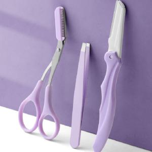 퍼플 눈썹 정리 3종 세트 숱가위 눈썹칼 트위저 가죽케이스 세트