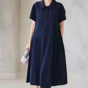 여성 나일론 대형 버튼 카라 반팔 롱드레스