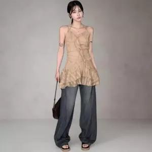 여성 에스닉 프릴 스트랩 미니 드레스