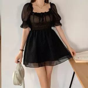 여자 러블리 도트 스모크 퍼프 시스루 사각 미니원피스