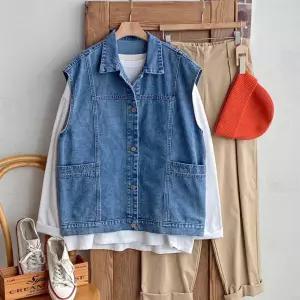 여자 캐주얼 포켓 루즈핏 데님 스냅버튼 롱 조끼