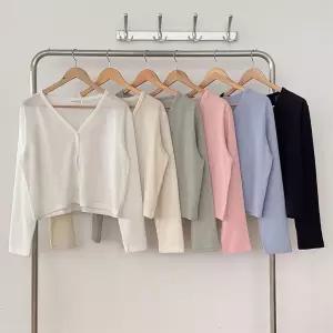 여성 가을 긴팔 브이넥 골지 시스루 파스텔 가디건