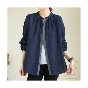 청남방 데님셔츠 봄블라우 반목블라우 빅사이즈 50대 생지 모던 오버핏