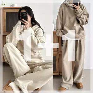 [원쁠원] 양털 골덴 후드 핀턱와이드 세트 오버핏 기모 트레이닝SET 데일리 남녀공용