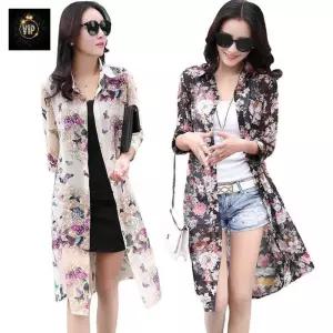 시스루 여성 하프 블라우스 퍼플 롱가디건 망토 쉬폰