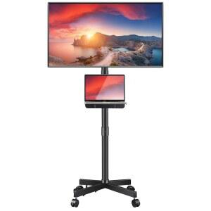 23-60인치 LCD LED 평면 곡면 패널 스크린 TV용 라 자코 모바일 TV 스탠드 노트북 선반이 있는 롤링 플로어 TV 카트 높이 조절 가능한 휴대용 TV 스탠드 최대 55lbs VESA 400x400mm 휠 포함