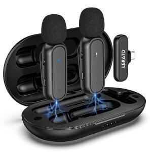 [미국배송] 안드로이드 폰용 LEKATO 무선 라발리에 USB-C 충전 케이스 포함 2팩 마이크 비디오 녹화용 75피트 전송 브이로그 인터뷰 유튜브 틱톡