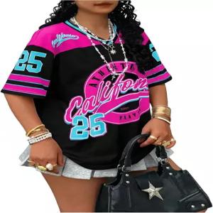 로즈시크 여성 저지 셔츠 그래픽 컬러 블록 레이싱 T 반팔 크루넥 프레피 티 탑 빈티지 Y2K 의류