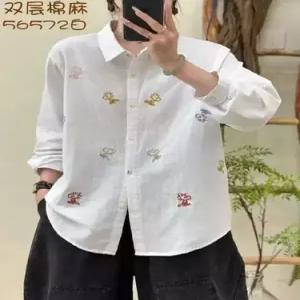 미에스틸로 여성 루즈핏 롱 셔츠 블라우스 이중 면마 캐릭터 자수 빅사이즈 상의 ADOR1