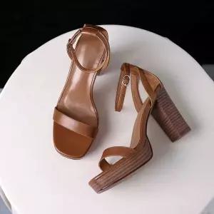 소가죽 가보시 샌들힐 심플 갈색 큐빅 여름 토오픈