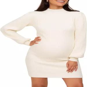 임산부용 루엘루오예 임산부 스웨터 드레스 터틀넥 퍼프 슬리브 니트 슬림 핏 바디콘 미니
