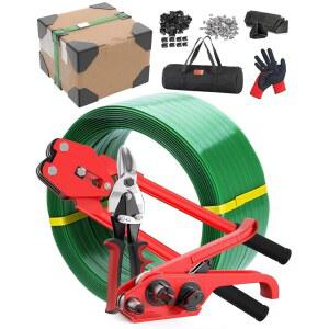 텐셔너, 실러, 커터, 5/8 PET 스트랩 롤, 스틸 씰, 코너 프로텍터, 창고, 물류용 장갑 및 휴대용 가방이 포함된 밴딩 키트 9-in-1, 헤비 듀티 팔레트 도구 세트