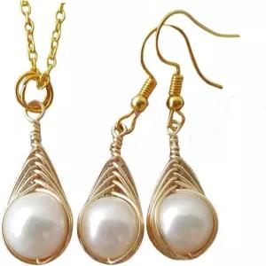 여성용 이나하와이 핸드메이드 귀걸이 하와이안 주얼리 골드 땋은 진주 + 목걸이 세트 비치 6월 탄생석