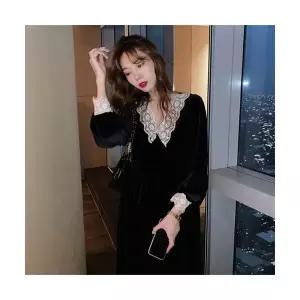 여자 레이어드 레이스 원피스 추동 캐주얼 빅사이즈 넥 벨벳 슬림핏 긴팔 롱스커트 SPO마켓4