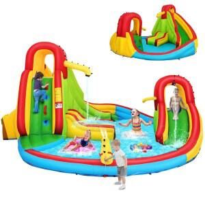 HONEY JOY 풍선 워터 슬라이드, 2개의 슬라이드가 있는 바운시 풍선 워터파크 7 in 1, 벽과 스플래시 풀, 호스, 물대포, 뒷마당용 실내 실외 송풍 워터슬라이드(송풍기 없음)