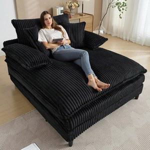 [포르르] 오버사이즈 체이스 라운지 의자 실내, 조절 가능한 등받이, 57인치 w x 60인치 d 컴피 코듀로이 침대 플러피 플러시 업홀스터 소파 독서용 클라우드 의자, 거실, 침실, 검은색