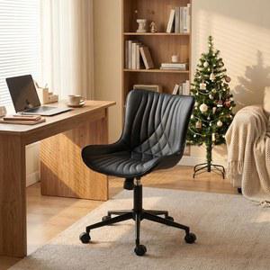 유 사무실 의자, 바퀴 달린 팔이 없는 책상 홈 오피스 컴퓨터 작업 모던 인조 가죽 패딩 배니티 등받이가 있는 조절 가능한 회전 흔들의자, 블랙