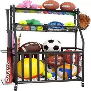 포커 스포츠 장비 차고 정리함 농구 후크 및 바퀴가 달린 볼 축구 축구공 배트 장난감을 위한 공 보관함