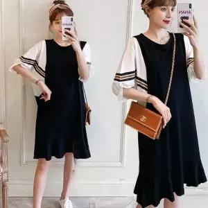 여성 가오리핏 페이크 레이어드 라운드 귀여운 원피스